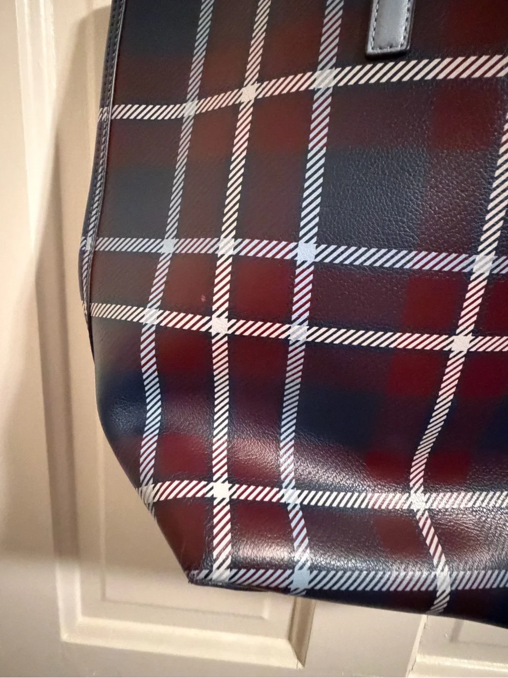 kate spade Plaid Leather Tote - Navy & Burgundy with Light Blue Handles